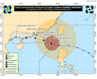 Map shows path and arrival time (in Philippine Standard Time) of super typhoon Ragasa